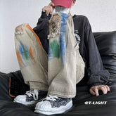 Men Jeans Hiphop Tie-Dyed Ripped Jeans Graffiti Tooling Straight Wide-Leg Pants